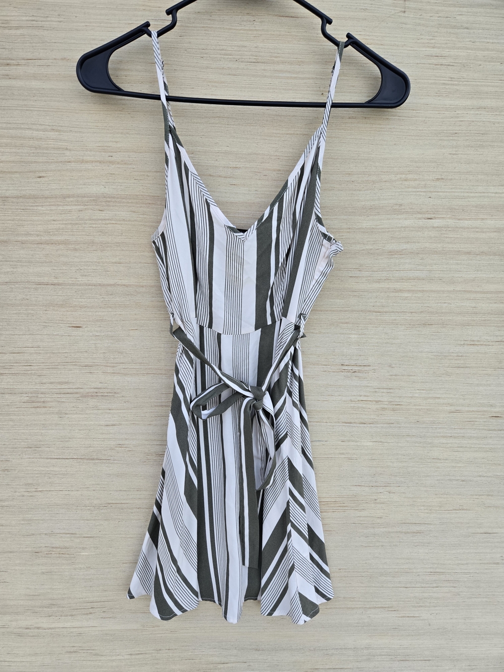 Forever 21 Olive and White Striped V-Neck Tie-Waist Mini Dress